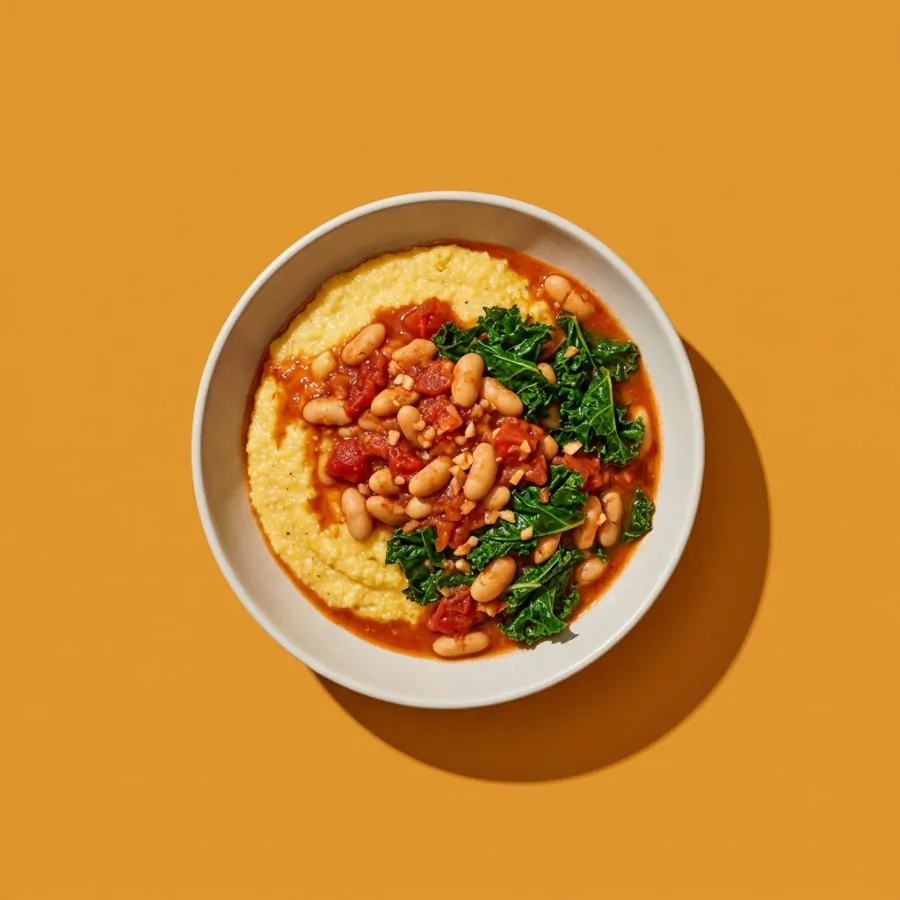 Creamy polenta bowl with tomato beans and kale
