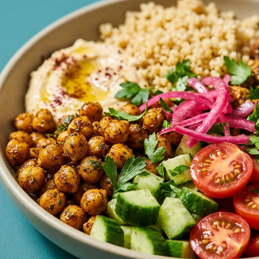 Shawarma chickpea bulgur bowl with pickled onion and hummus, photo 2