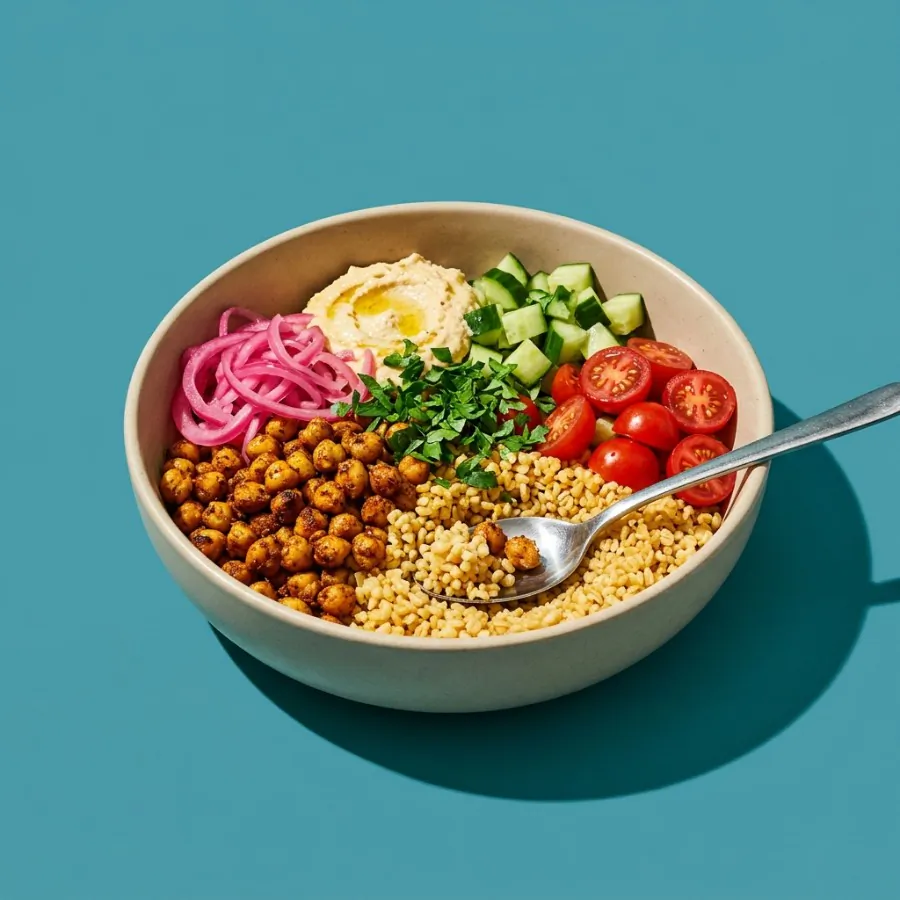 Shawarma chickpea bulgur bowl with pickled onion and hummus, photo 3