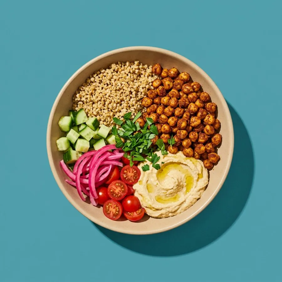 Shawarma chickpea bulgur bowl with pickled onion and hummus