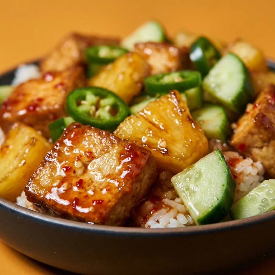 Sweet chilli tofu rice bowl with pineapple and cucumber, photo 2