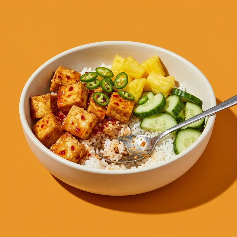 Sweet chilli tofu rice bowl with pineapple and cucumber, photo 3