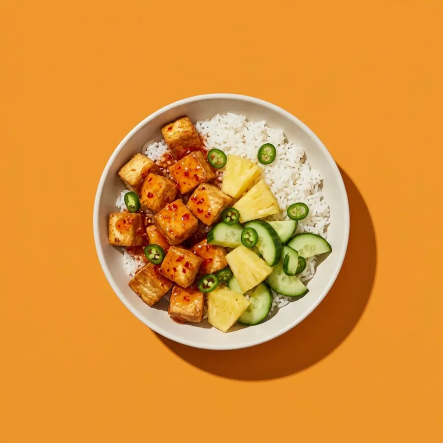 Sweet chilli tofu rice bowl with pineapple and cucumber