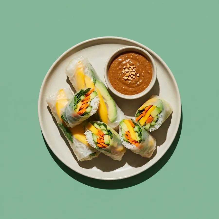 Mango and avocado rice-paper rolls with peanut dip