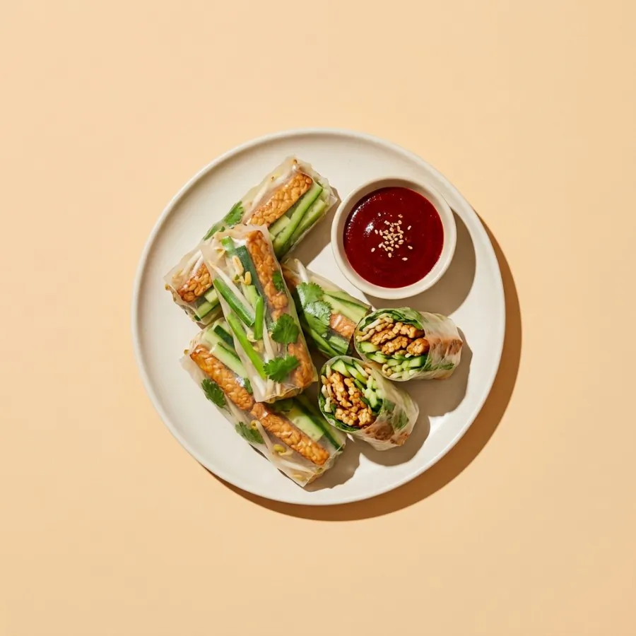 Tempeh and cucumber rice-paper rolls with gochujang dip