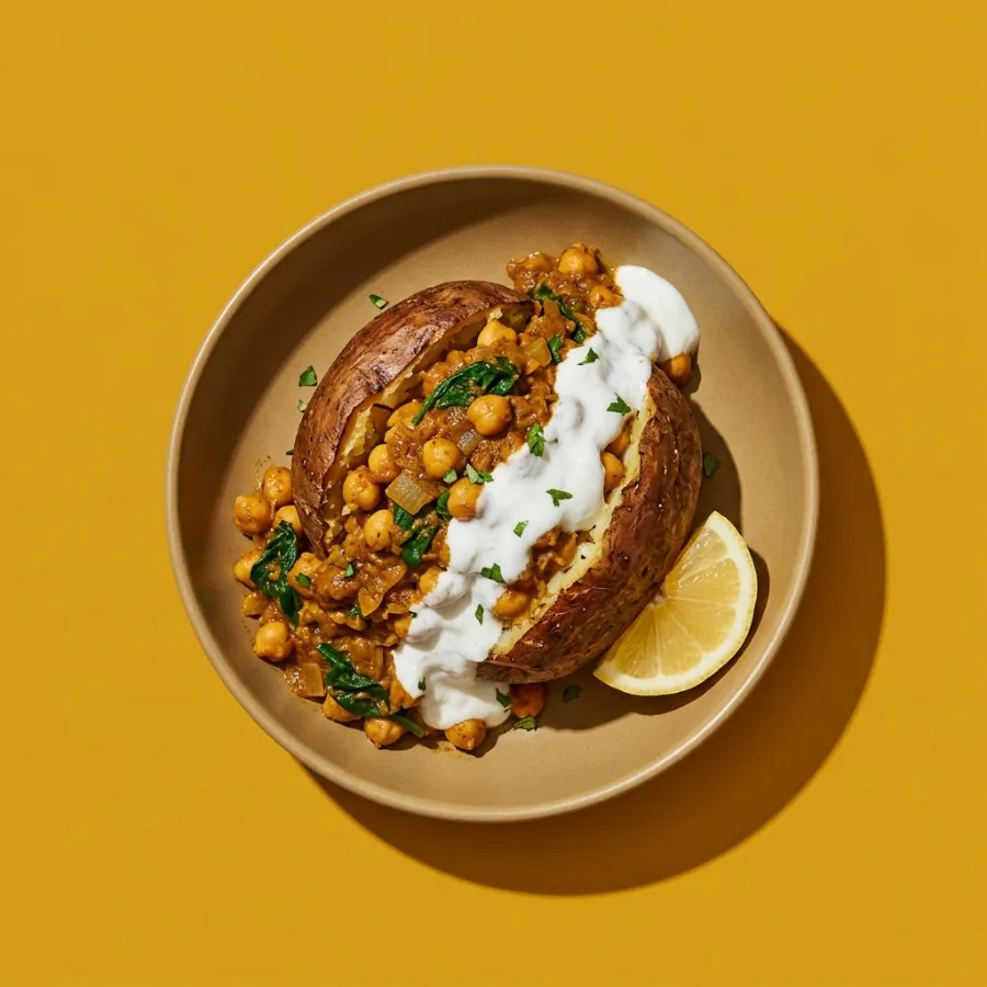 Curried chickpea jacket potatoes with coconut yogurt