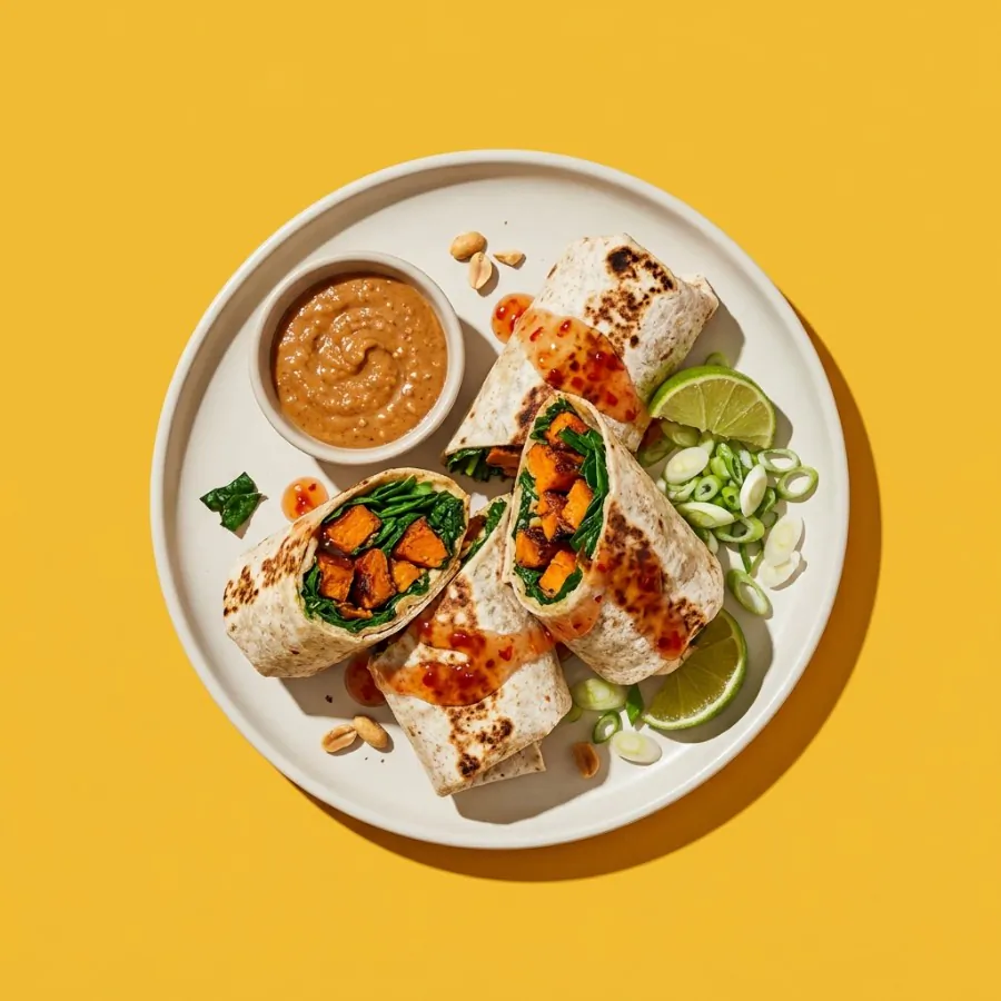 Sweet potato and spinach wraps with peanut sauce