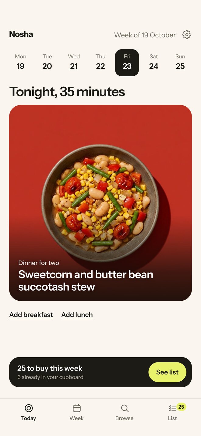 Nosha on an iPhone, showing today's meals